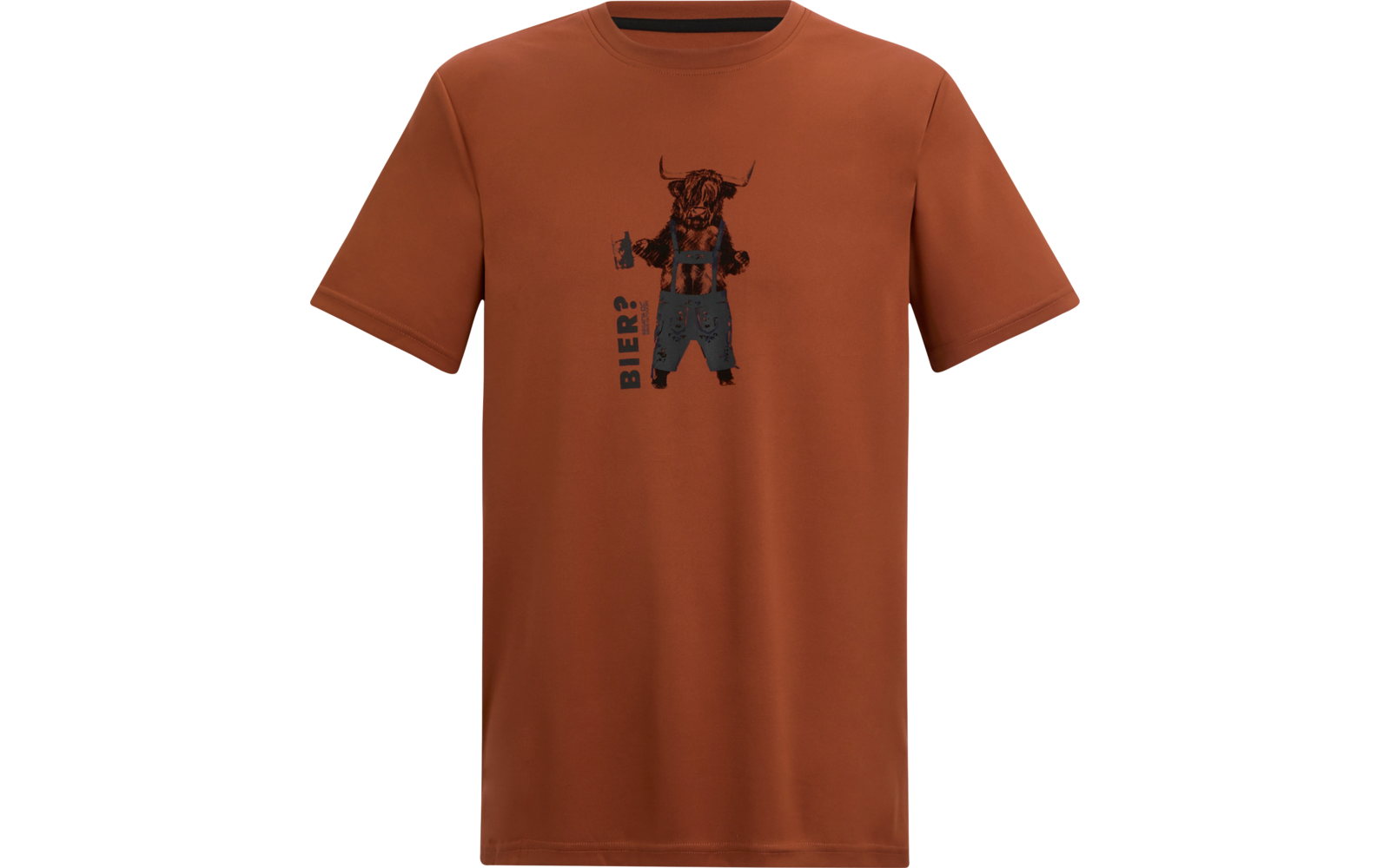Vorderansicht eines rostbraunen, kurzärmeligen T‑Shirts mit zentralem Aufdruck: eine gehörnte Figur in Latzhose hält in beiden Händen Bierkrüge, links daneben vertikal der Schriftzug 'BIER?'