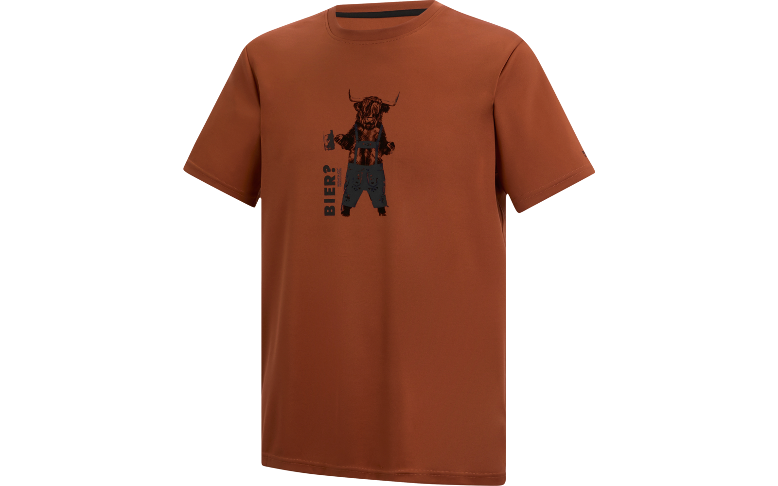 Braunes T-Shirt mit aufgedrucktem Stierkopf mit Hörnern in Lederhosen, der zwei Bierkrüge hält; daneben senkrecht der Schriftzug 'BIER?'