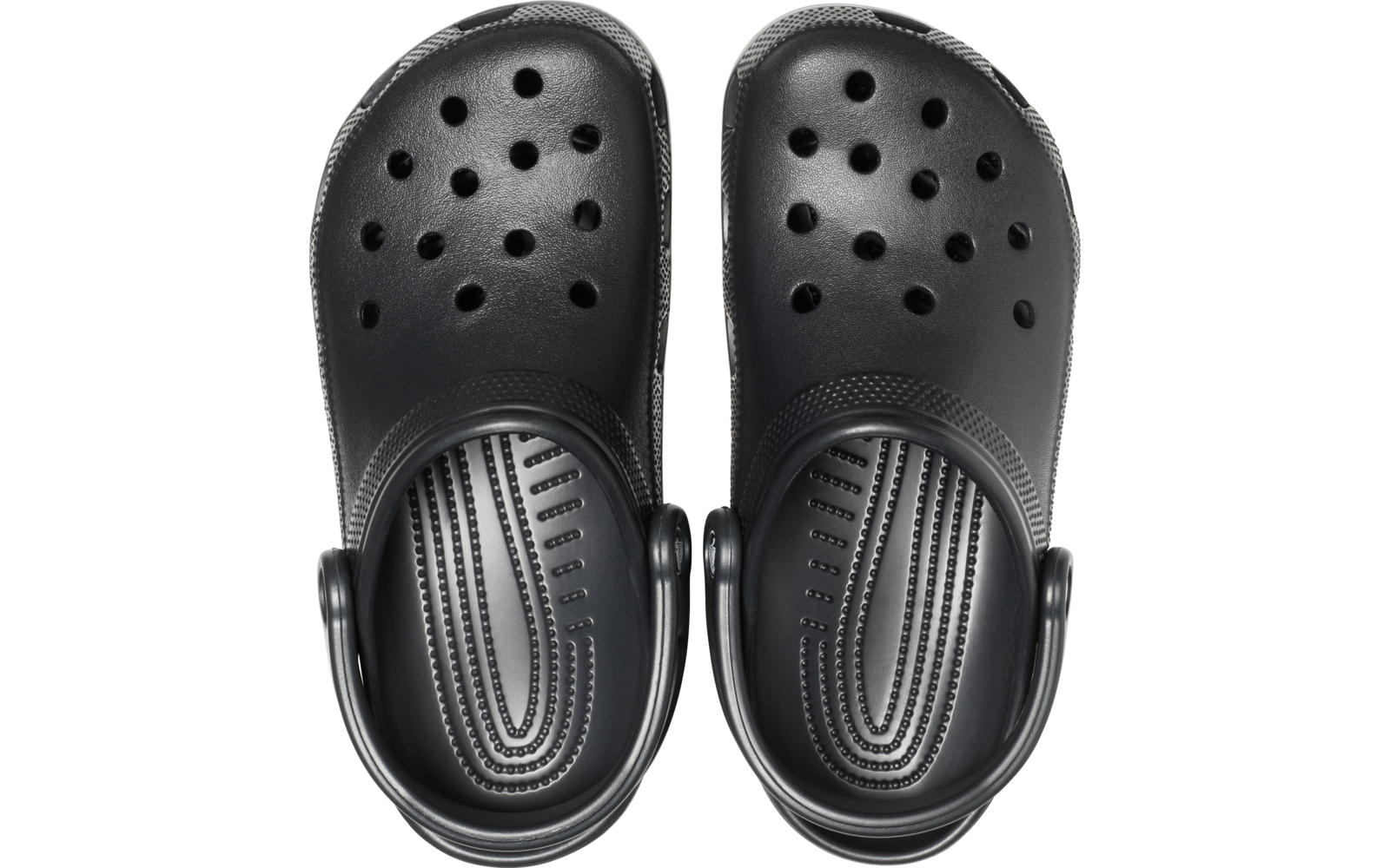 Zwei schwarze Clogs von oben, mit runden Belüftungsöffnungen und strukturiertem Fußbett