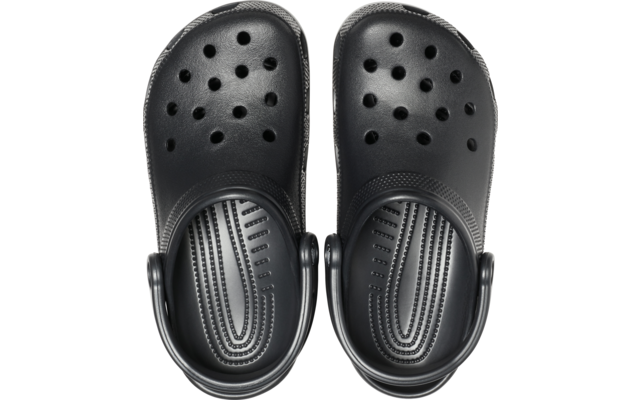 Zwei schwarze Clogs von oben, mit runden Belüftungsöffnungen und strukturiertem Fußbett