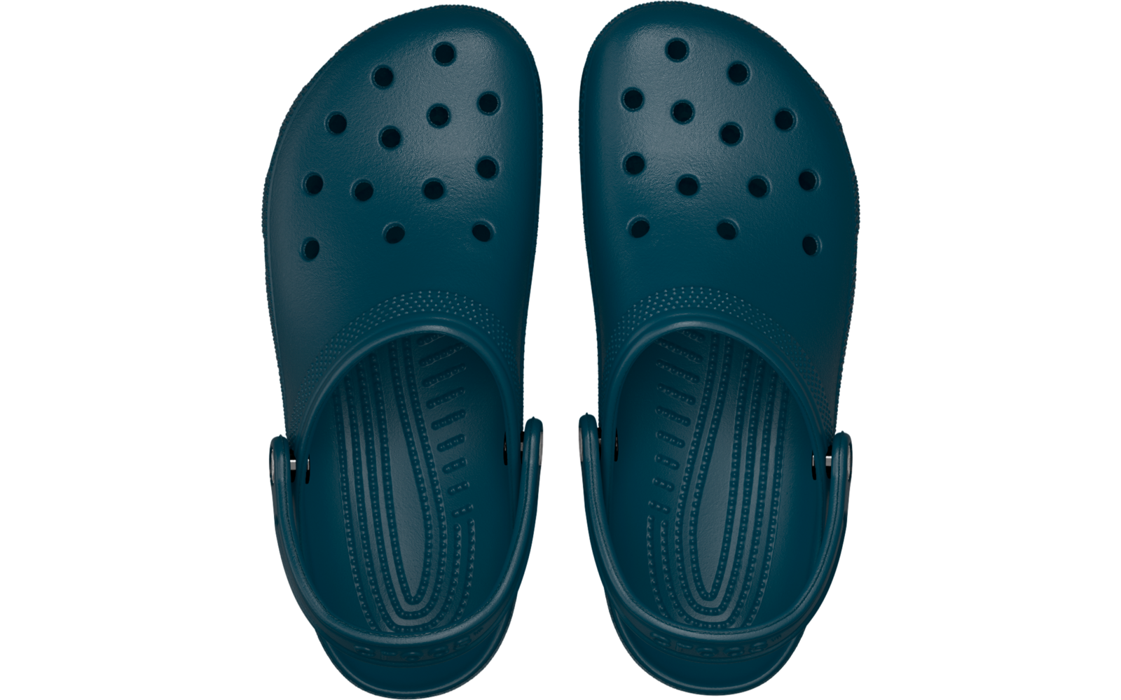 Paar blaugrüne Clogs von oben gesehen, mit Lüftungslöchern an den Zehen und schwenkbaren Fersenriemen