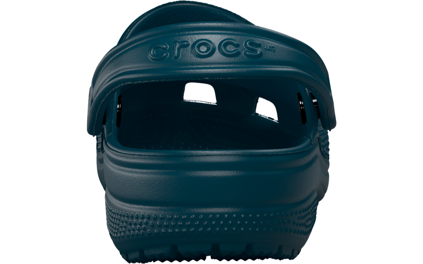 Dunkelblauer Clog, Rückansicht, Fersenriemen mit eingeprägtem Schriftzug "crocs", seitliche Belüftungsöffnungen, profilierte Sohle