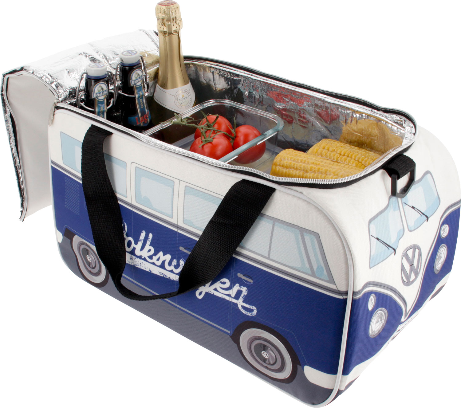 BRISA VW Collection - Volkswagen elegante borsa a tracolla regolabile, unisex, retrò/vintage, Camper T1 Bus design (Fronte Bus/Blu/similpelle