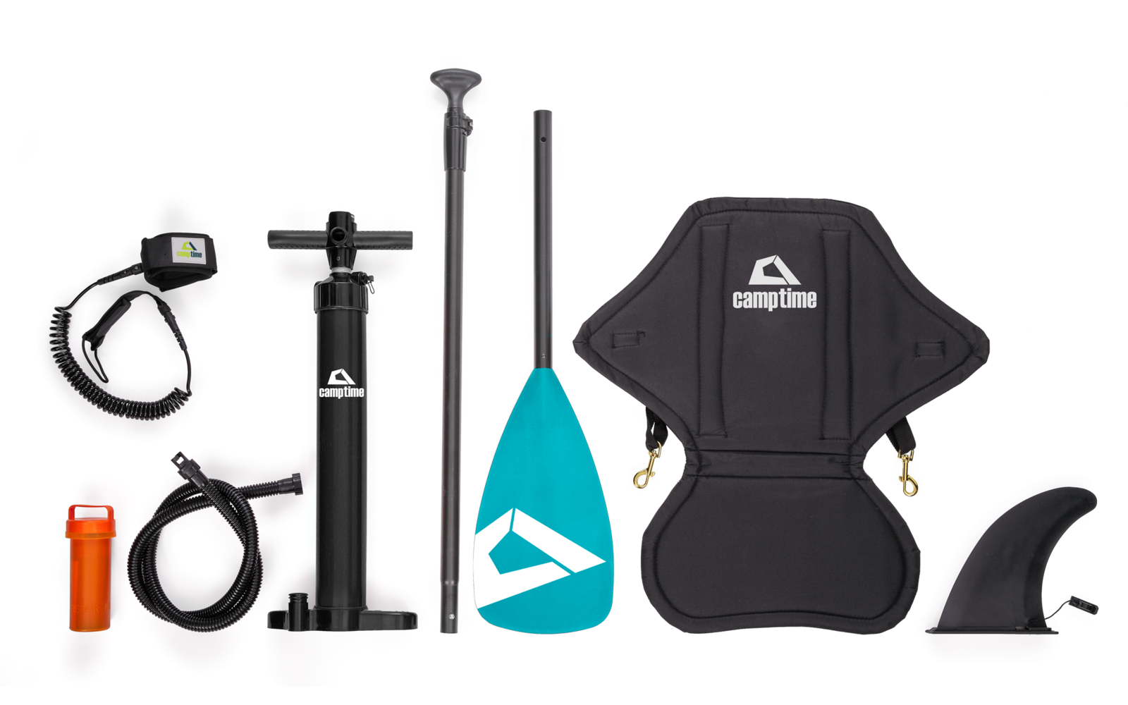Paddelausrüstung bestehend aus Paddel, Pumpe, Schwimmweste, Finne, Reparaturset und Fußstütze