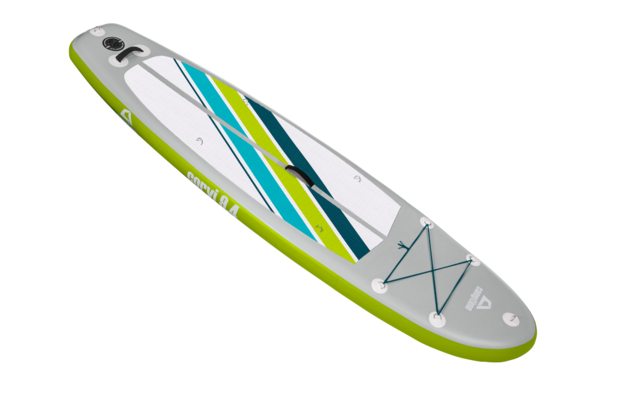 Ein Stand-Up-Paddleboard in Weiß, Grün und Blau