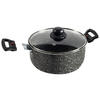 Grauer Kochtopf aus Stein mit schwarzem Griff und Glasdeckel