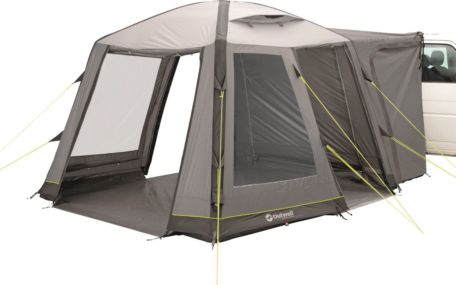 Großes graues Vorzelt mit Fenstern, angebracht an einem Fahrzeug