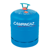 Blauer Camping-Gasbehälter mit weißem Logo und roten Bedienungshinweisen