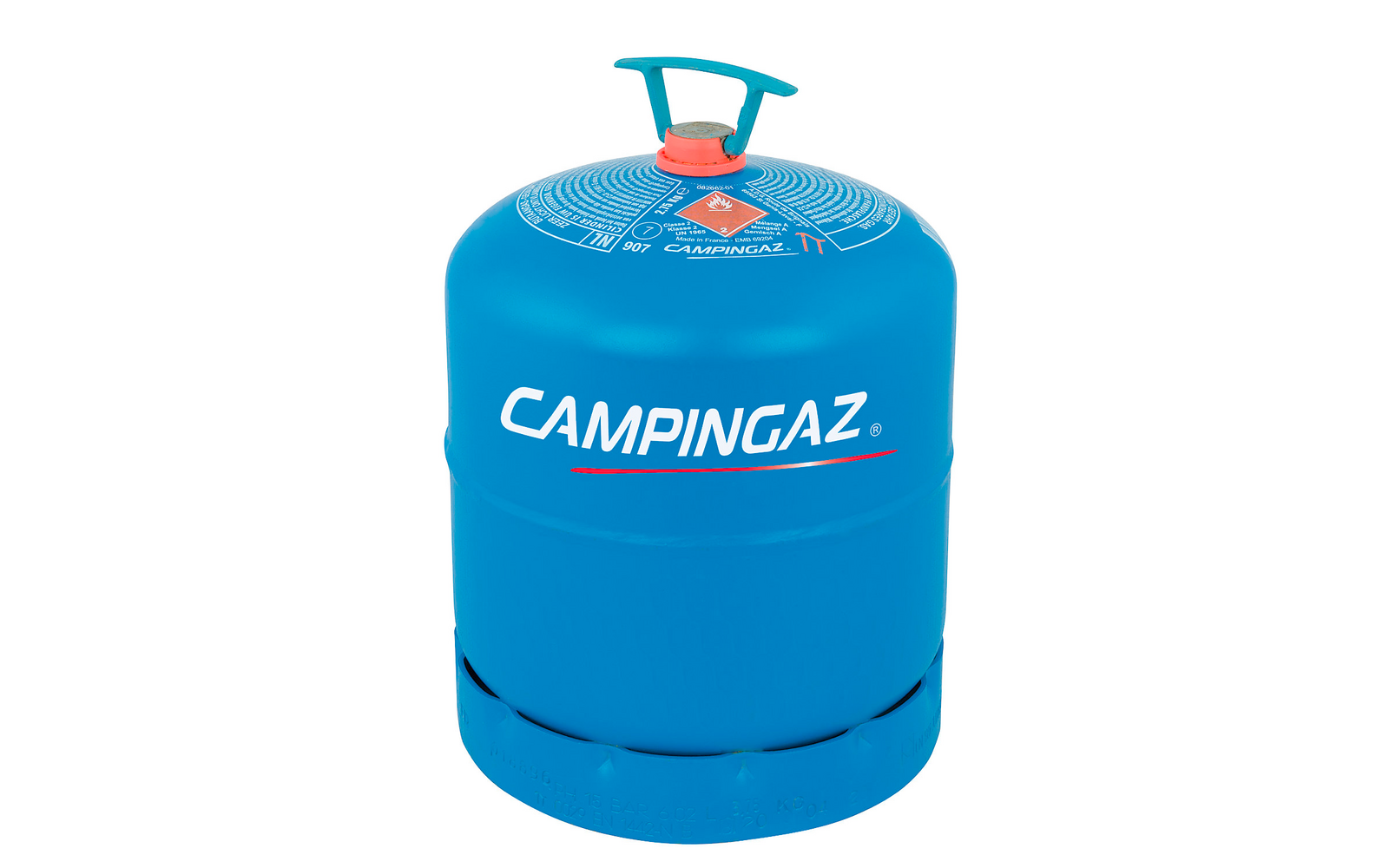 Blauer Camping-Gasbehälter mit weißem Logo und roten Bedienungshinweisen