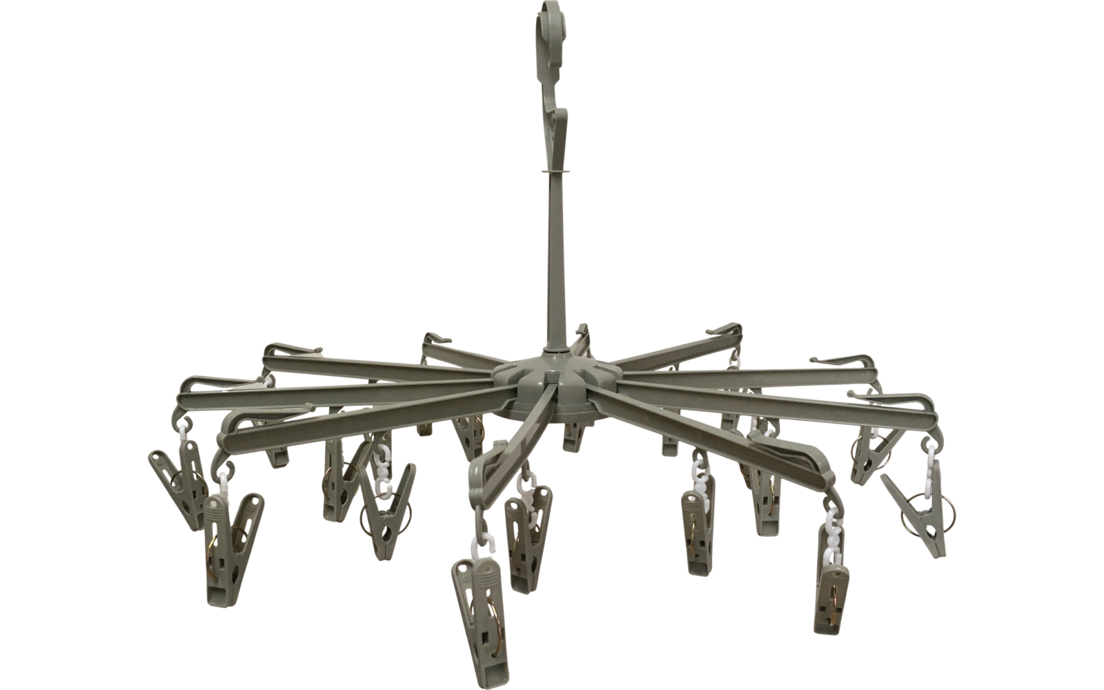 Ein hängender Wäschetrockner mit mehreren Klammern