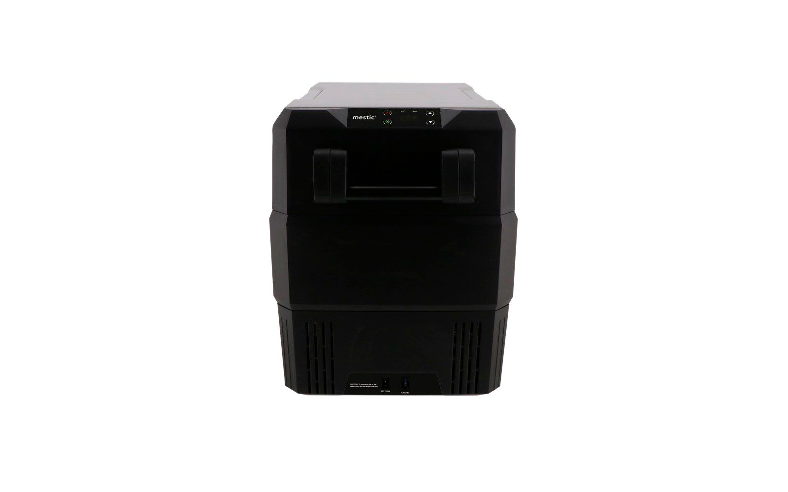 Zwarte industriële printer tegen witte achtergrond