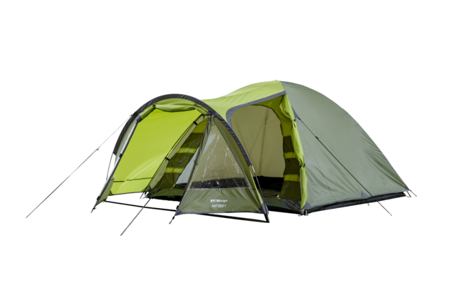 Grünes Zelt mit aufgespanntem Vordach auf weißem Hintergrund