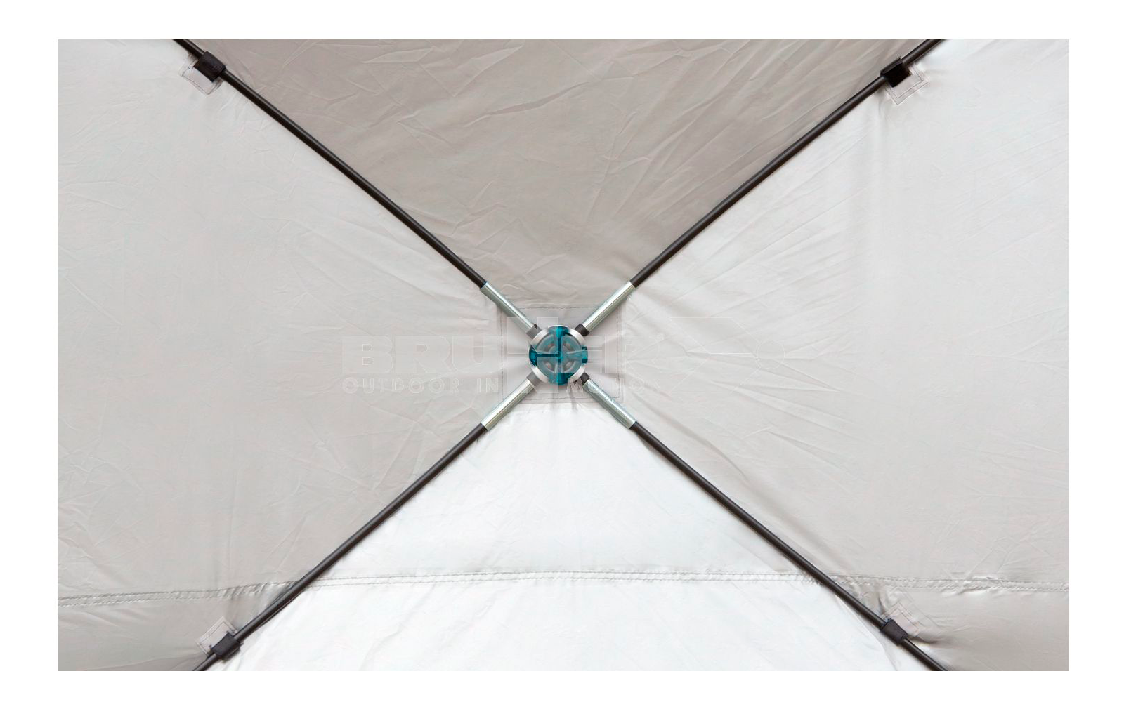 Blick von unten auf die Innenseite eines geöffneten weißen Regenschirms mit Metallstreben