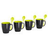 Four black mugs with green interiors, each with a matching green spoon