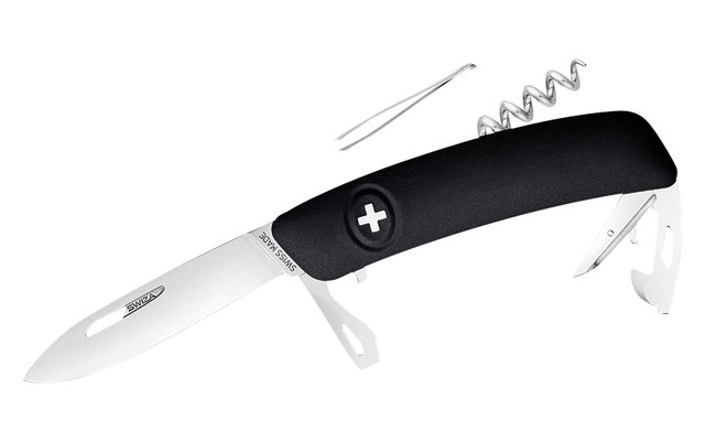 Klappmesser mit schwarzem Griff und mehreren Werkzeugen, darunter Klinge, Korkenzieher und Flaschenöffner