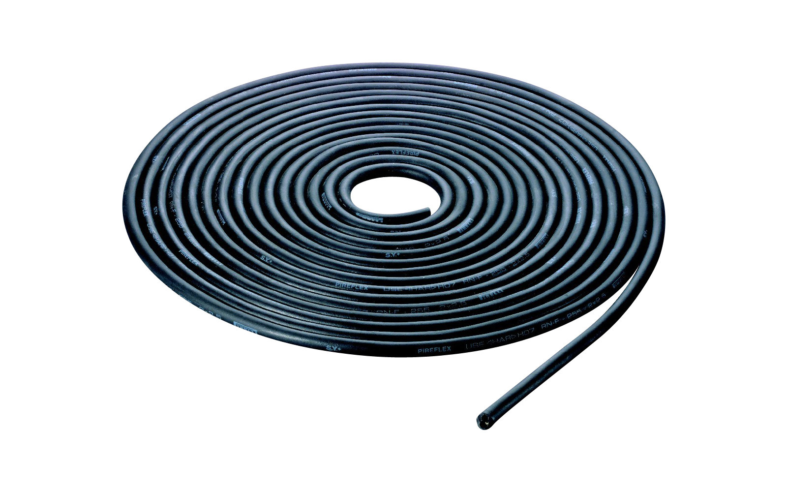 Schwarzes spiralförmig aufgerolltes Kabel auf weißem Hintergrund