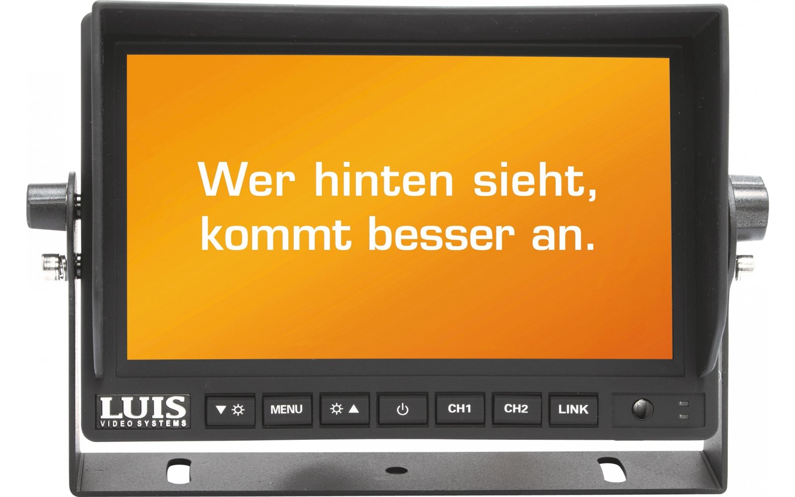 Ein Bildschirm mit orangenem Hintergrund und weißem Text: ‚Wer hinten sieht, kommt besser an.‘