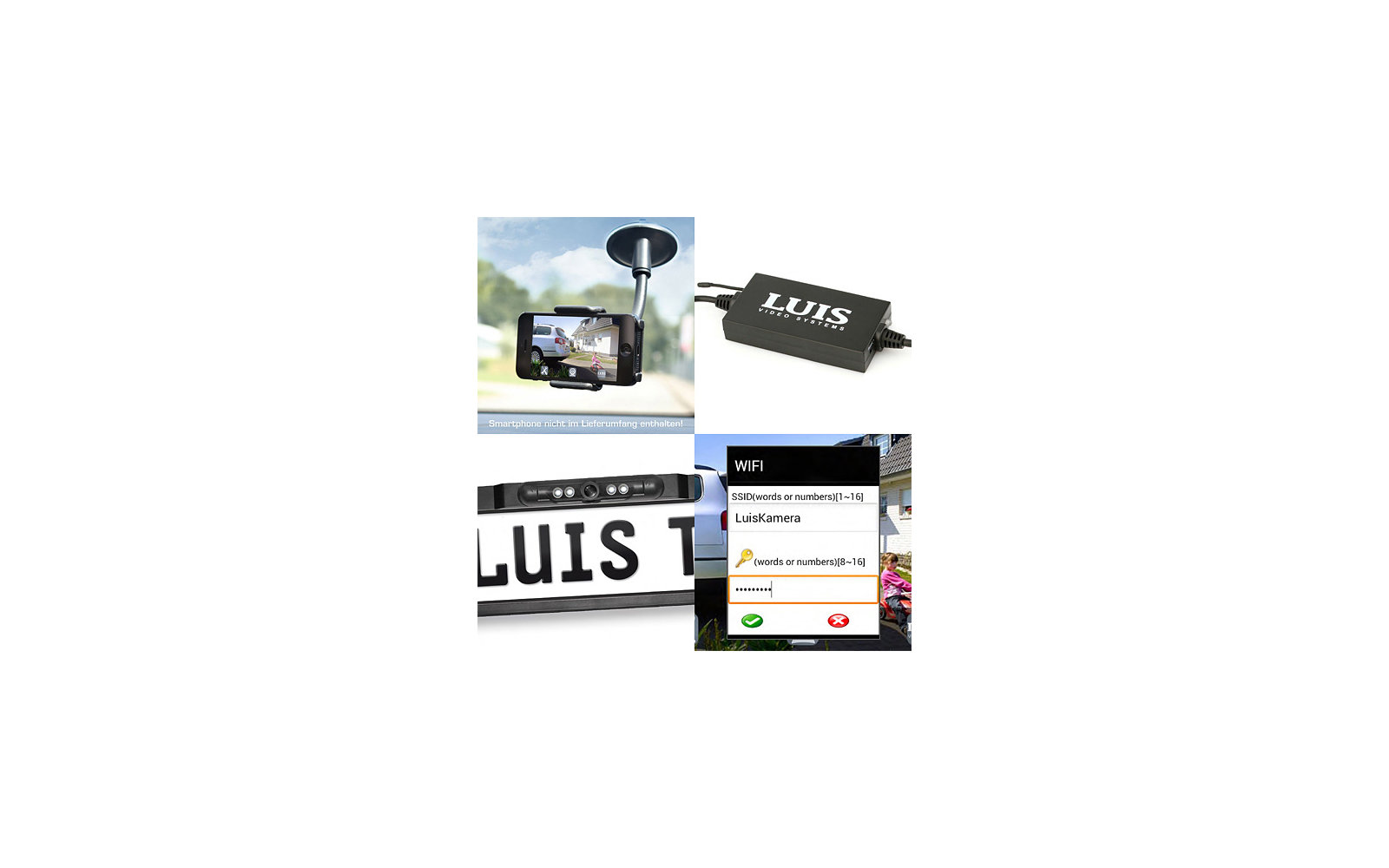 Vier Bilder: Oben links ein Smartphone an einer Halterung im Auto, oben rechts ein schwarzes Gerät mit Aufschrift Luis Video Systems, unten links ein Kennzeichen mit integrierter Kamera, unten rechts ein WLAN-Eingabefenster mit SSID und Passwort