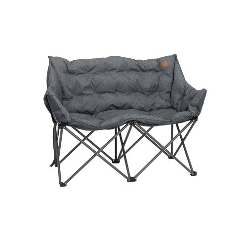 Zweisitzige, graue, gepolsterte Klappbank mit schwarzen Metallbeinen