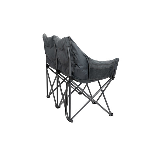 Kompakter faltbarer Klappstuhl mit schwarzem Stoffbezug und Metallgestell