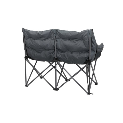 Gefaltete, gepolsterte Klappbank in dunkelgrauer Farbe mit Kreuzbeinen aus Metall