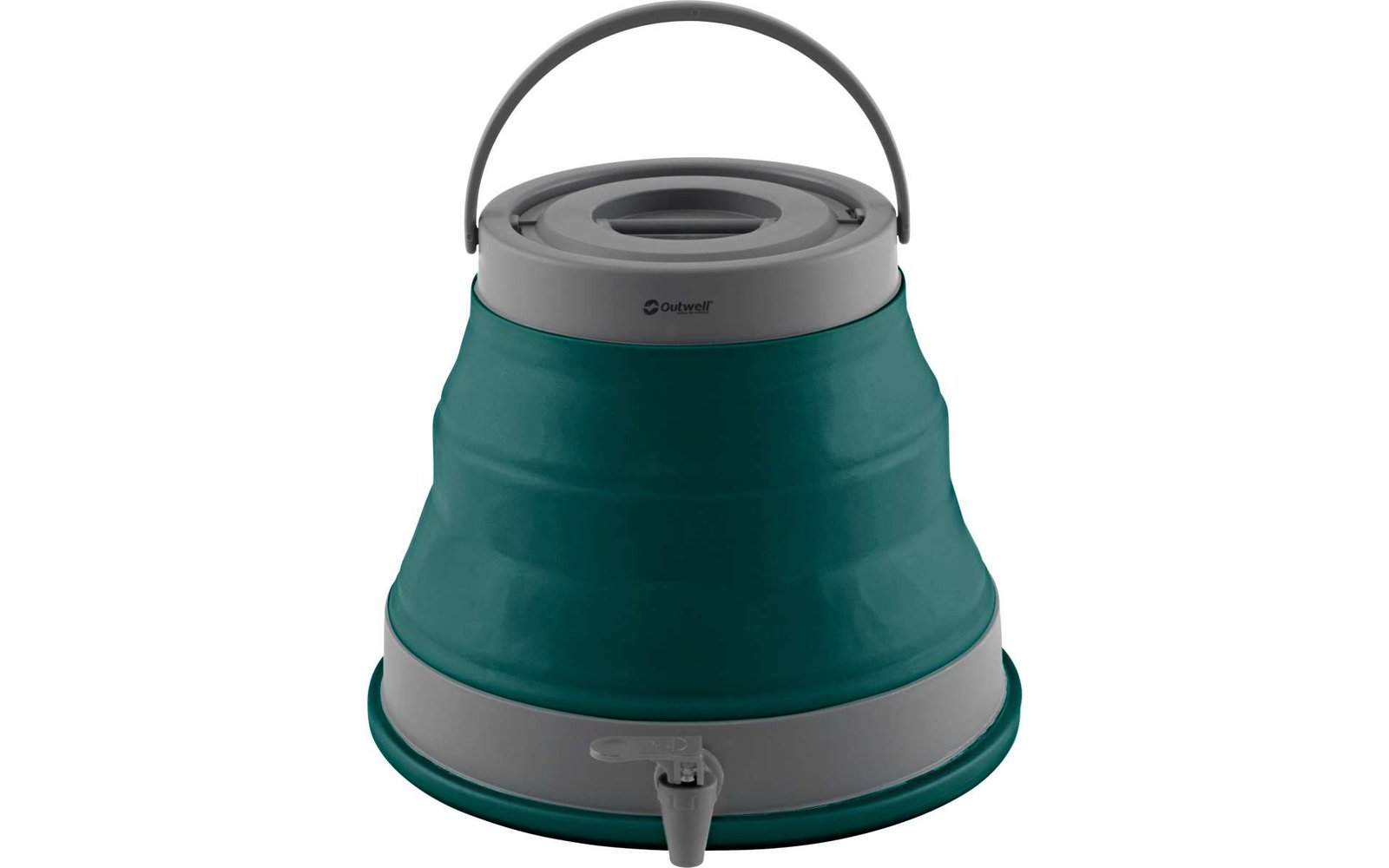 Récipient d'eau pliable en plastique vert avec couvercle gris et robinet