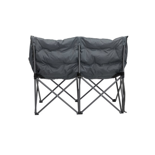 Zwei dunkelgraue Klappstühle mit Metallgestell nebeneinander