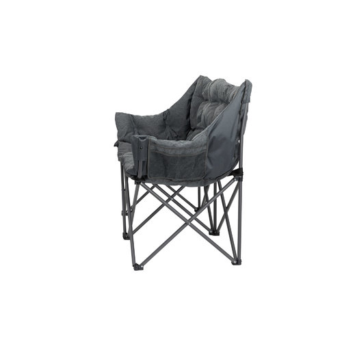 Grauer faltbarer Campingstuhl mit Metallgestell und gepolsterter Sitzfläche