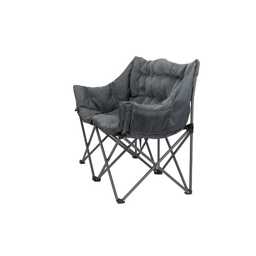 Grauer Klappstuhl mit gepolstertem Sitz und Rückenlehne