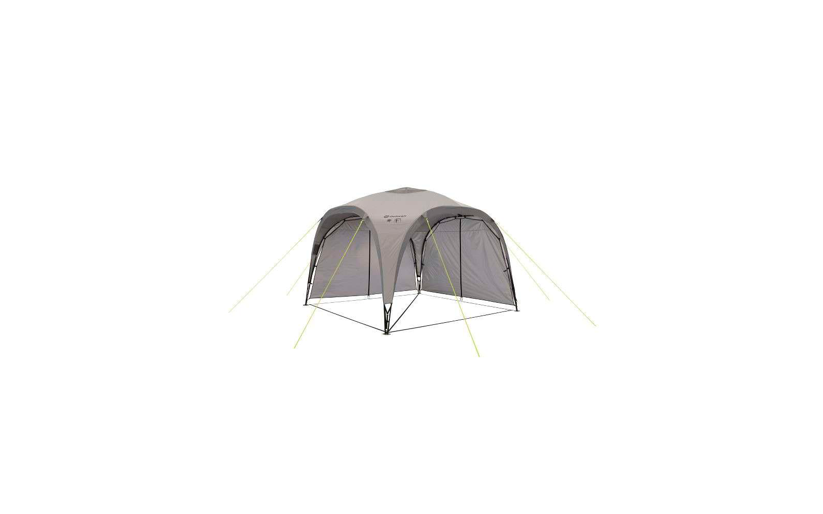 Een grijze, ruimtelijke tent met twee ingangen en gele scheerlijnen