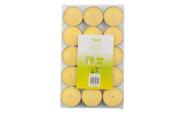 Package of 15 yellow tealight candles in a clear plastic tray