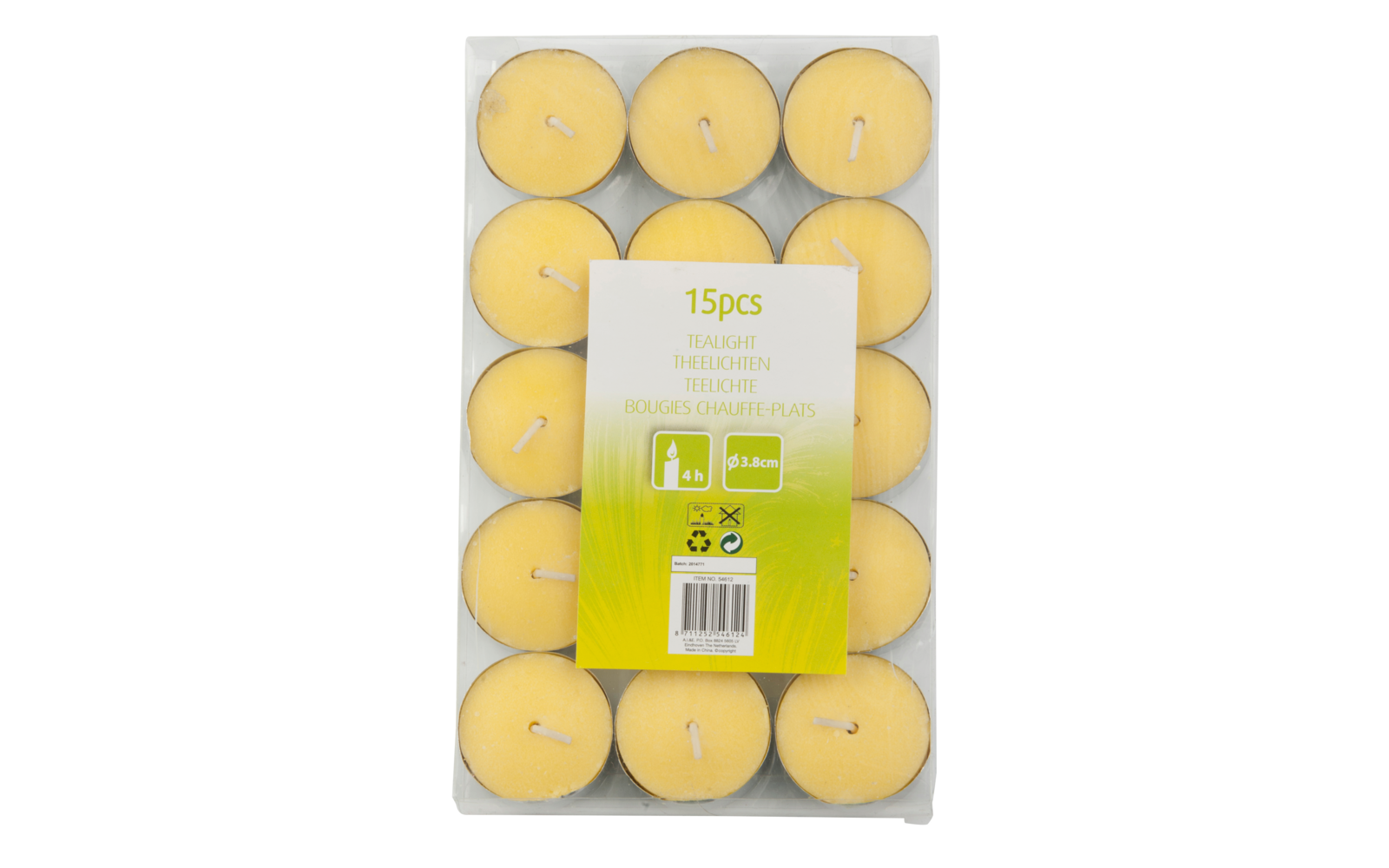Package of 15 yellow tealight candles in a clear plastic tray