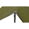 Close-up of a green tent roof with a white fastener and rope