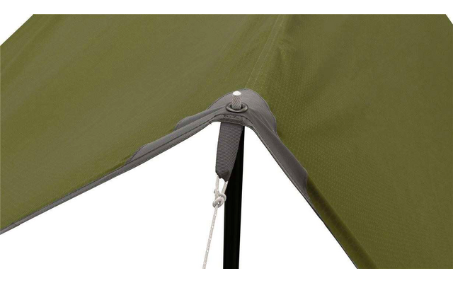 Close-up of a green tent roof with a white fastener and rope