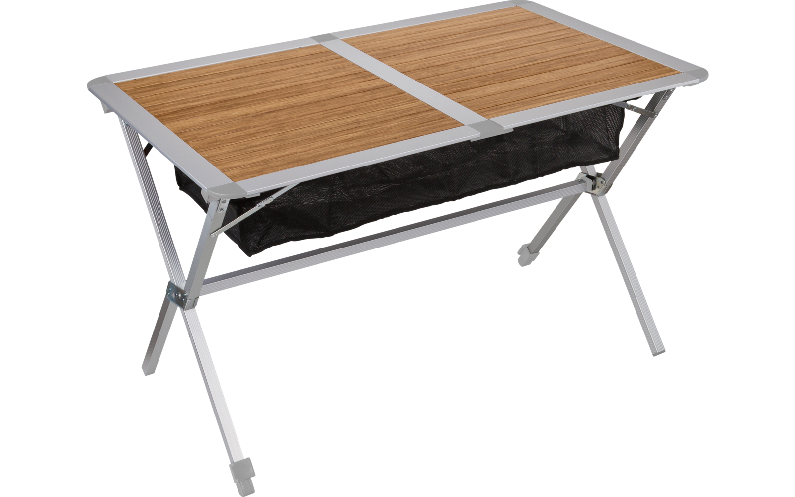 Table de camping pliable avec plateau en bois et rangement en tissu noir en dessous