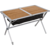 Table de camping pliable avec plateau en bois et rangement en tissu noir en dessous
