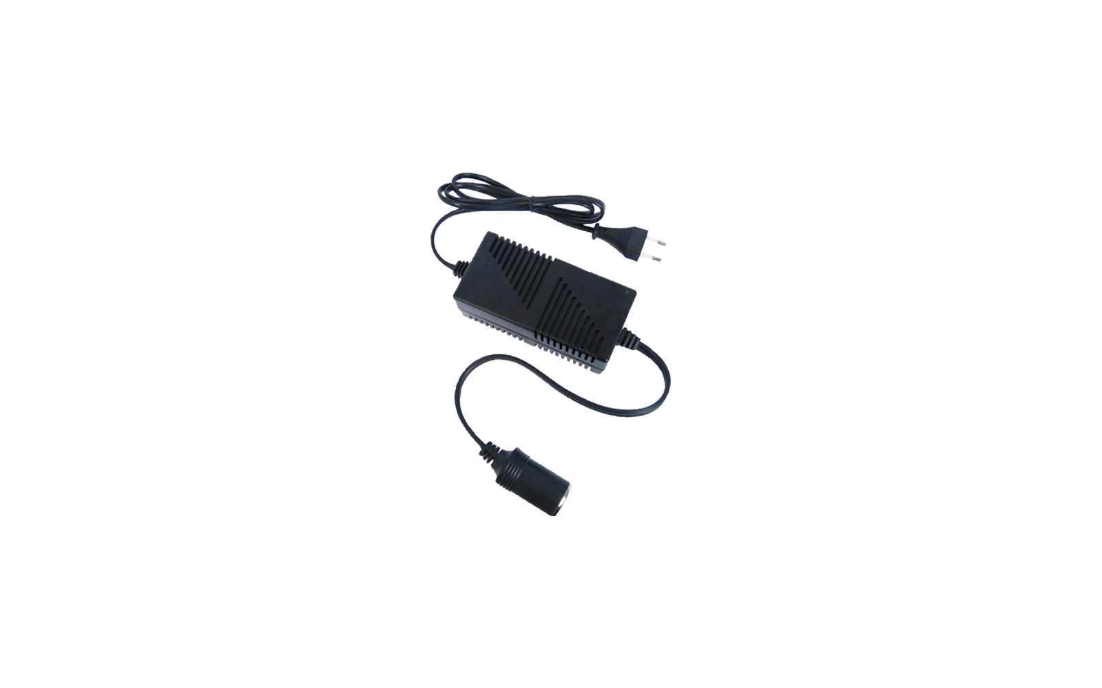 Adaptador de corriente negro con ranuras de ventilación y dos cables, uno con enchufe europeo y el otro con conector hembra