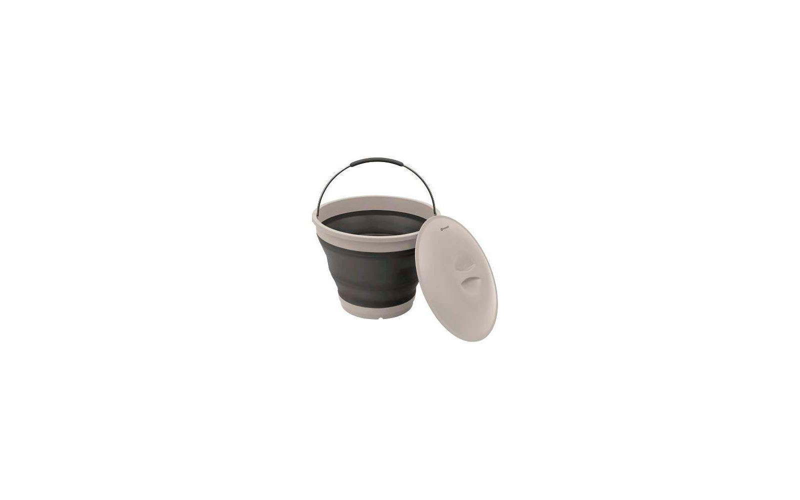Cubeta gris plegable con asa negra y tapa blanca al lado