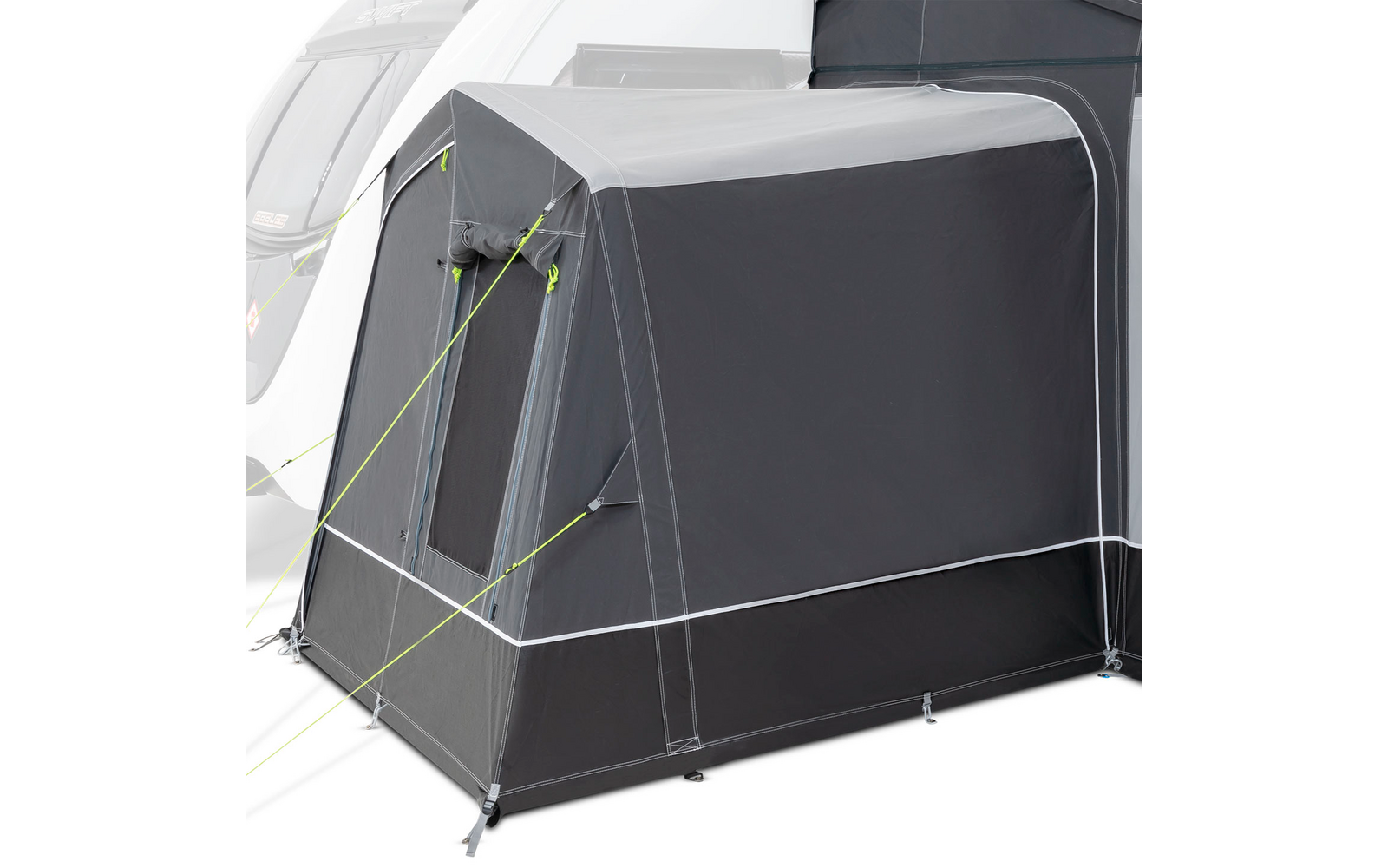 Grijze tent met doorzichtig zijpaneel en gele scheerlijnen