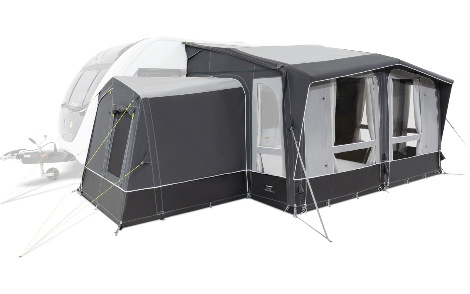 Een grijze moderne camper met een uitgeschoven luifel en een aangebouwde voortent