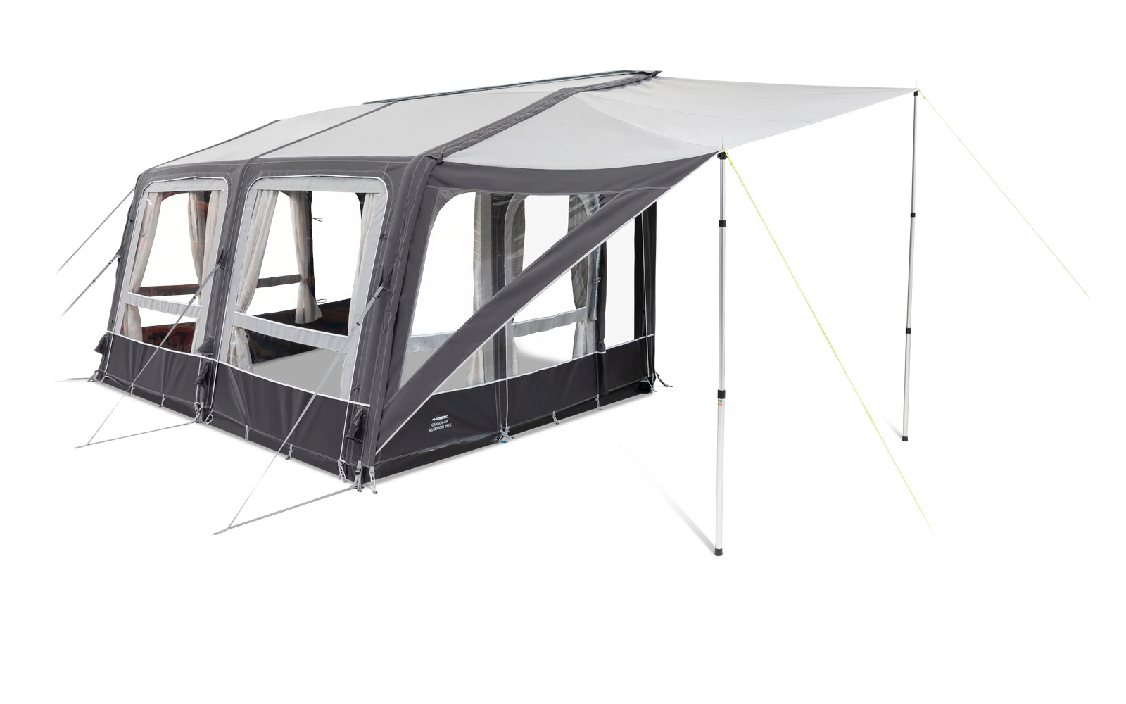 Cabina independiente gris oscuro con ventanas de vidrio sobre soportes blancos