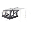 Cabina independiente gris oscuro con ventanas de vidrio sobre soportes blancos