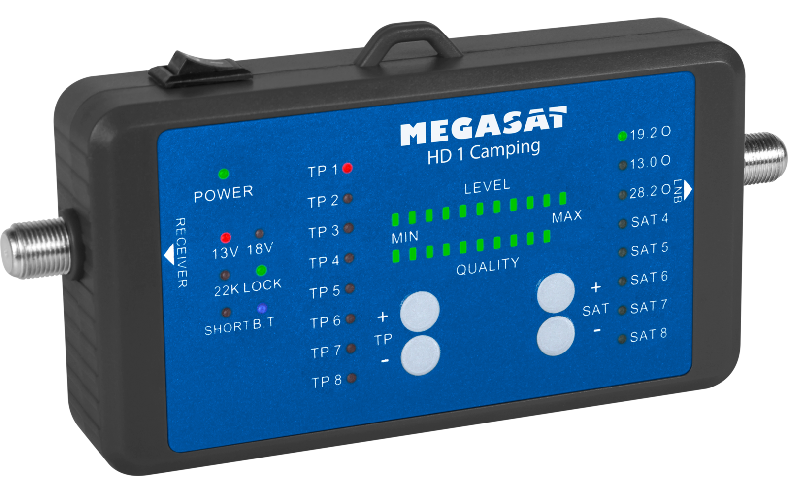 Blaues Batterieladegerät mit Display und Anschlüssen