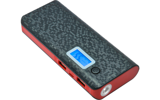 Elektronisches Gerät mit blauem Display und roten Seiten