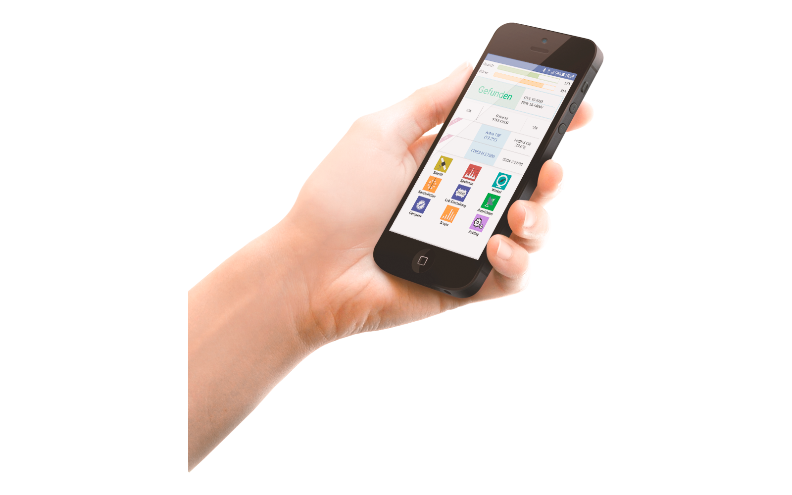 Hand hält ein Smartphone mit geöffneter App und Diagrammen auf dem Bildschirm