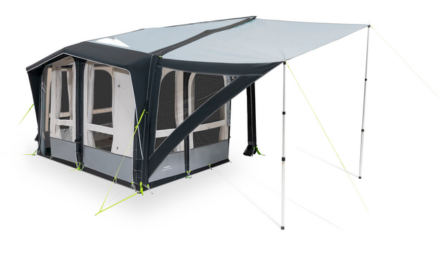 Caravan with attached awning and sunshade