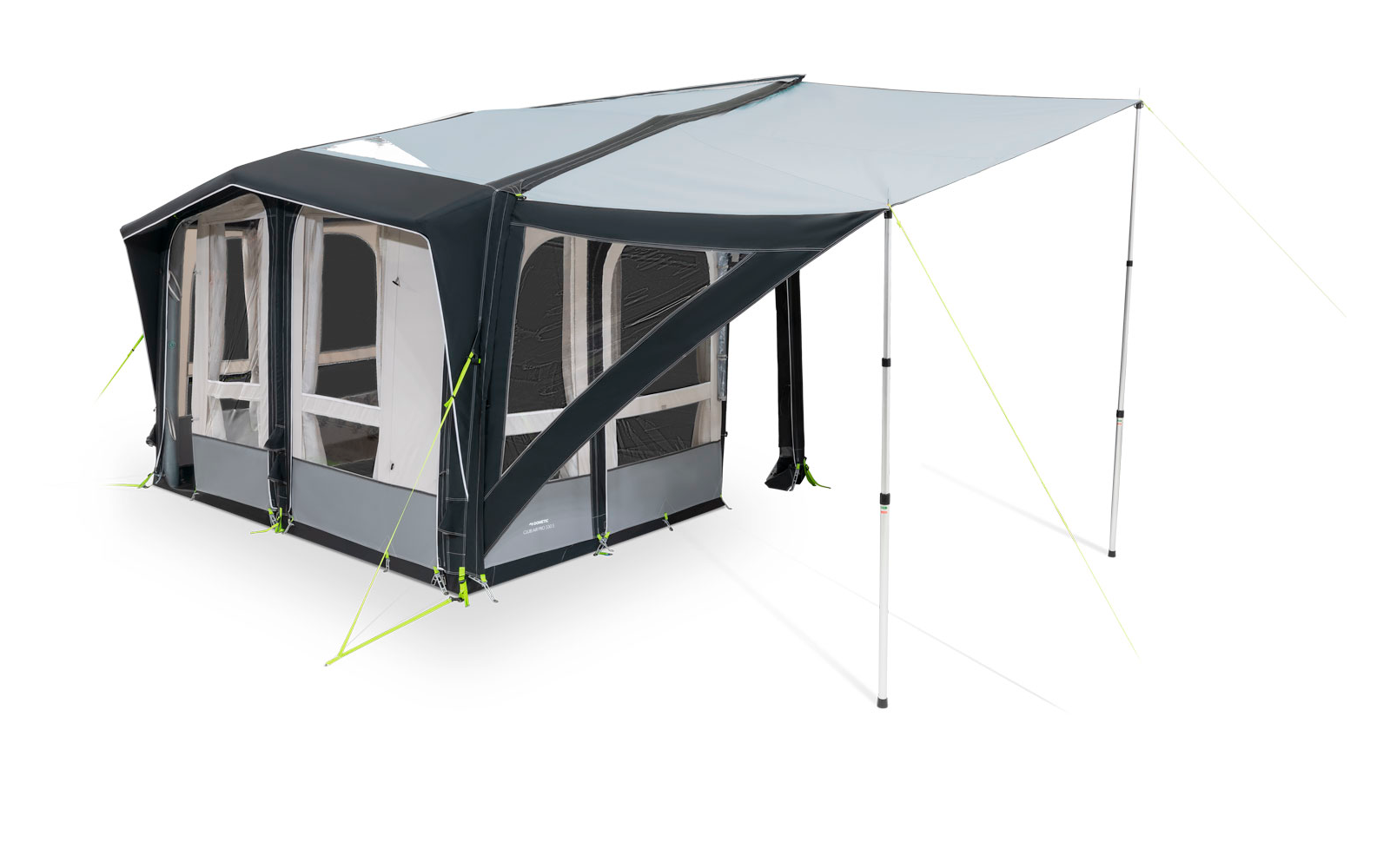 Grande tente de camping avec entrée ouverte et auvent déployé