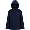 Dunkelblaue Regenjacke mit Kapuze und Reißverschluss vorne