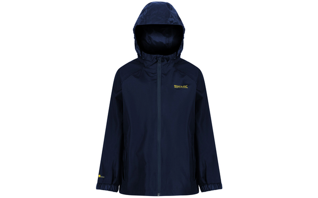 Dunkelblaue Regenjacke mit Kapuze und Reißverschluss vorne