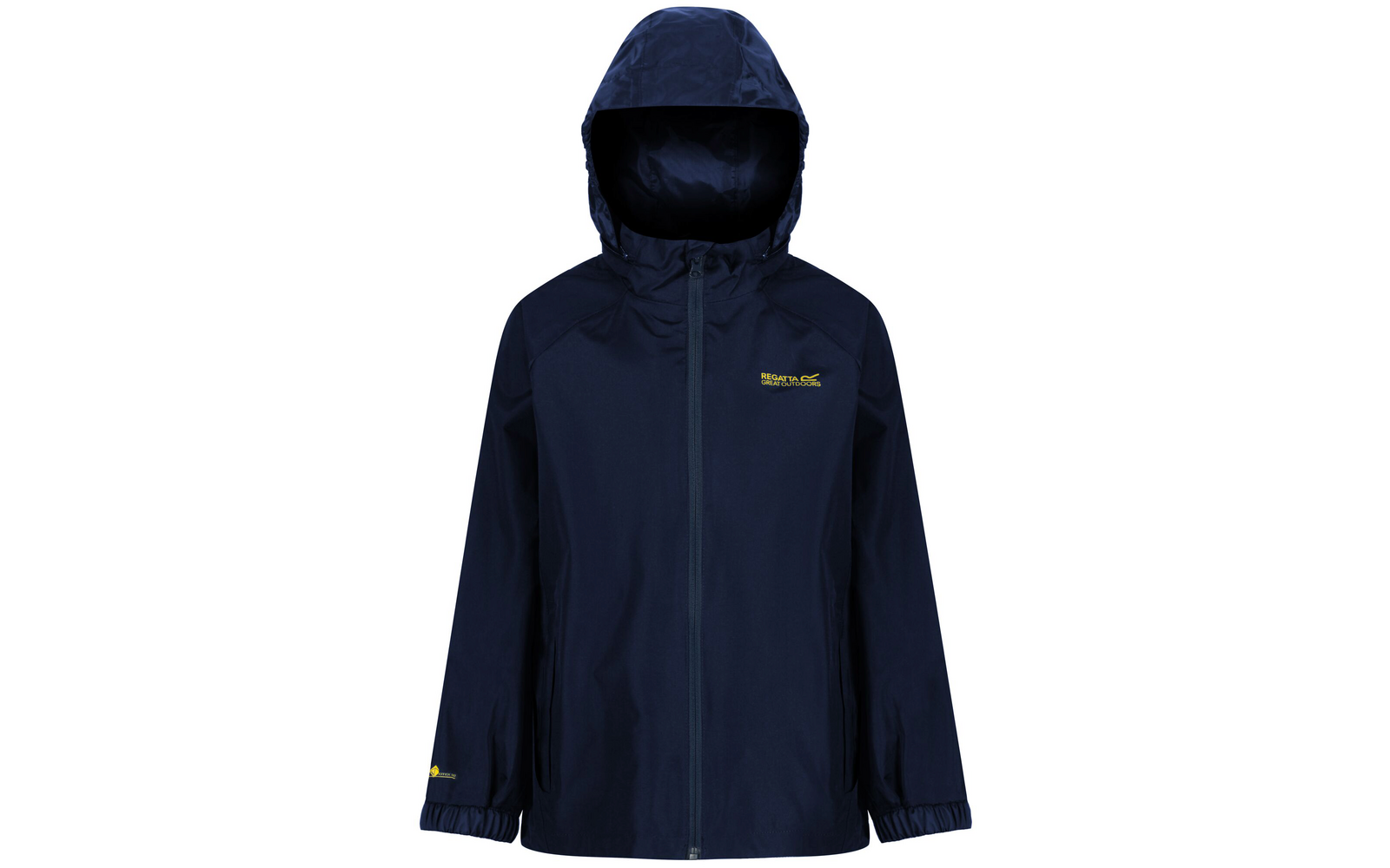 Dunkelblaue Regenjacke mit Kapuze und Reißverschluss vorne